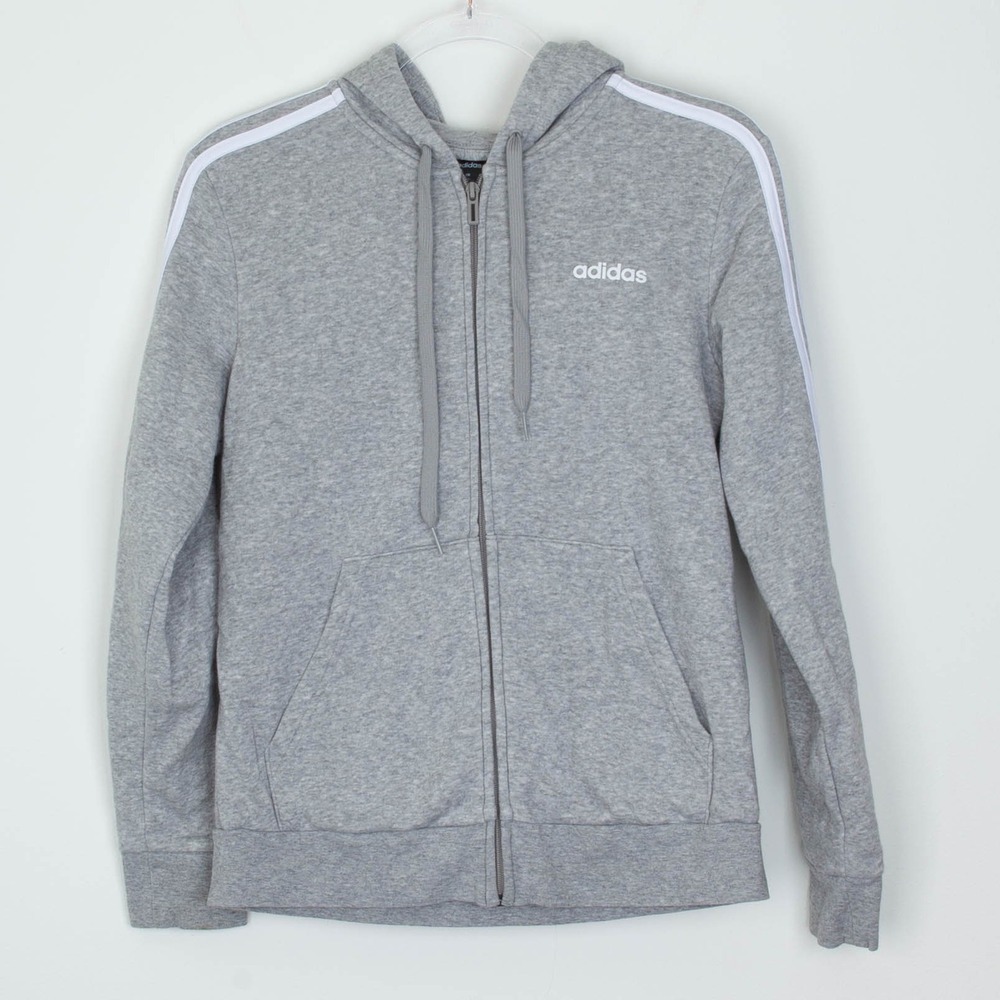 Adidas Womens Grey Full Zip Athletic Hoodie with White Stripes Size M Fleece Gym - Picture 1 of 9